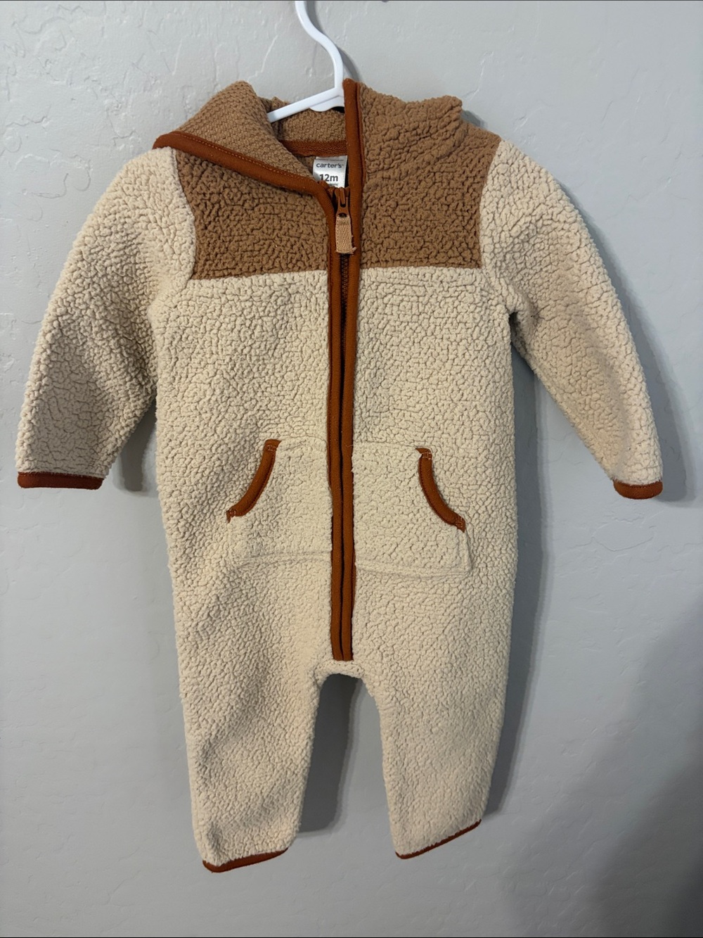 Carter's Cream and Brown Hooded Sherpa One-Piece Footie